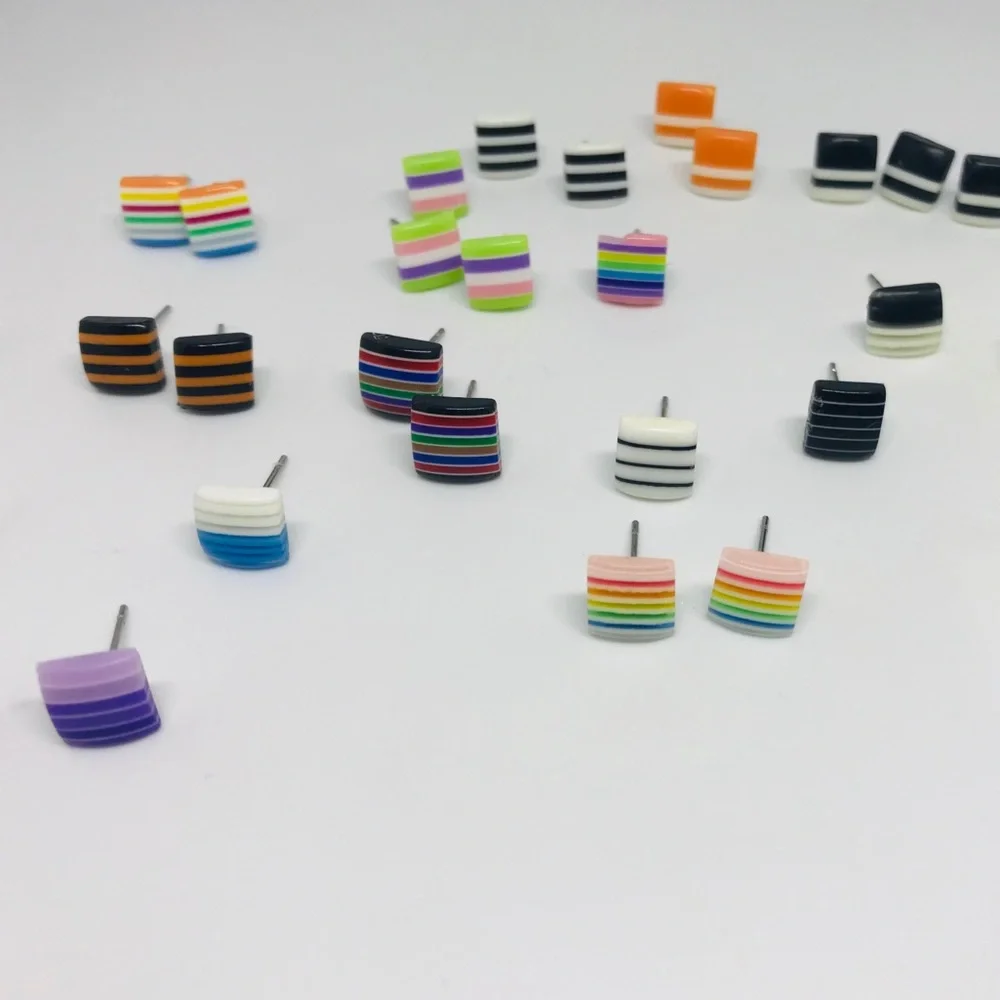Black Mixed Multi Color Minimalist Repurposed Vintage Striped Bead Stud Earrin…